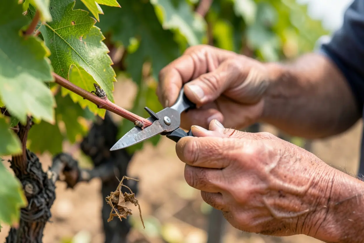 Mãos podando uma videira, ilustração do Pai como agricultor.