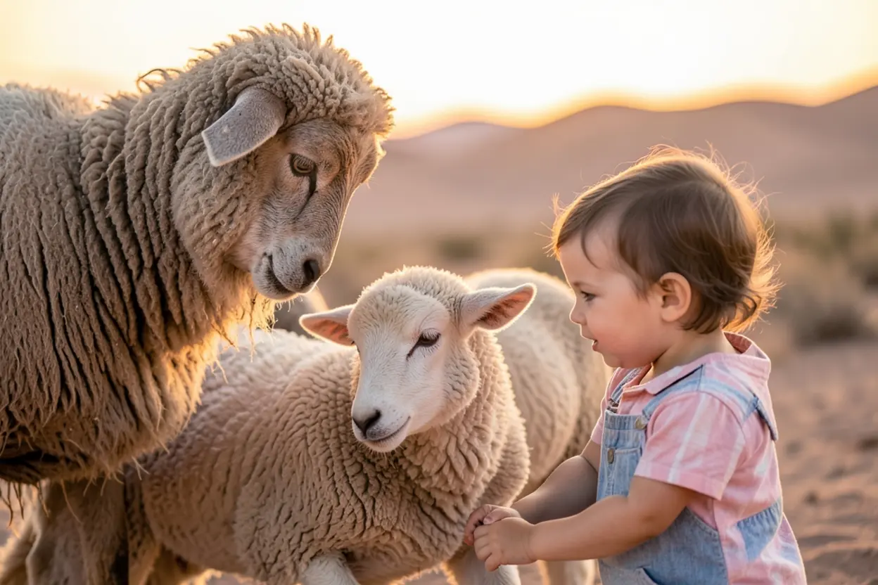 A Profunda Compaixão de Deus Pastor com criança e cordeiro, simbolizando a compaixão de Deus.