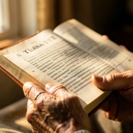 Mão de idoso segurando Bíblia aberta em Tiago 1:12 com luz solar.