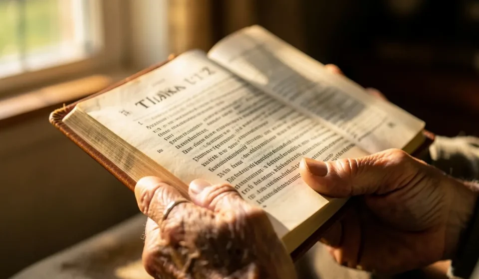 Mão de idoso segurando Bíblia aberta em Tiago 1:12 com luz solar.