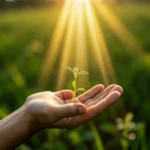 Mão segurando semente brotando com luz divina.