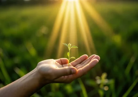 Mão segurando semente brotando com luz divina.