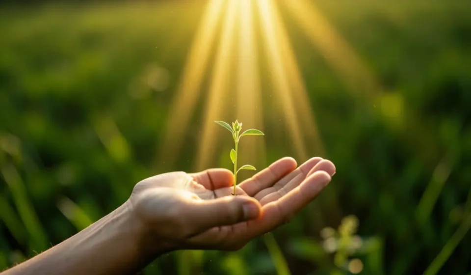 Mão segurando semente brotando com luz divina.