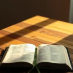 Bíblia aberta em Romanos 8:28 com iluminação dramática.