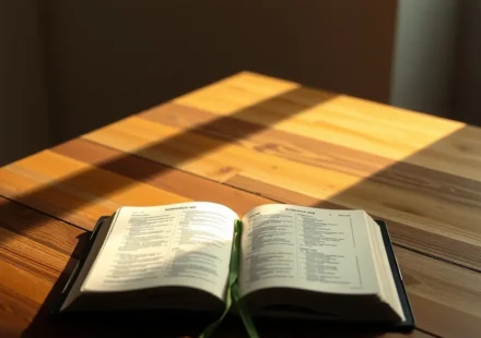 Bíblia aberta em Romanos 8:28 com iluminação dramática.