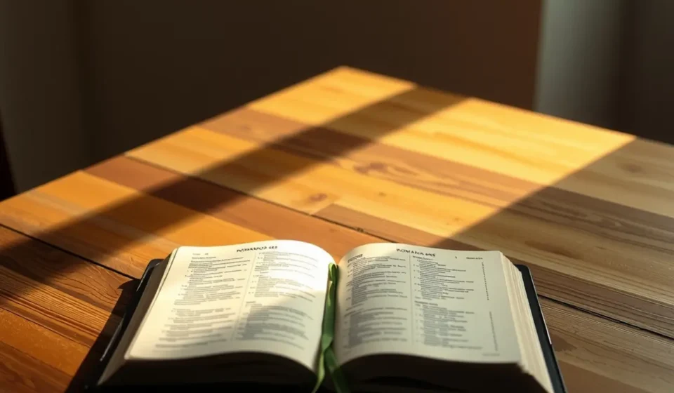 Bíblia aberta em Romanos 8:28 com iluminação dramática.