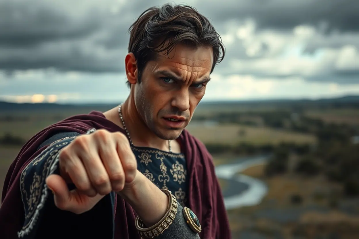 O Rei Saul com expressão de angústia e sombra