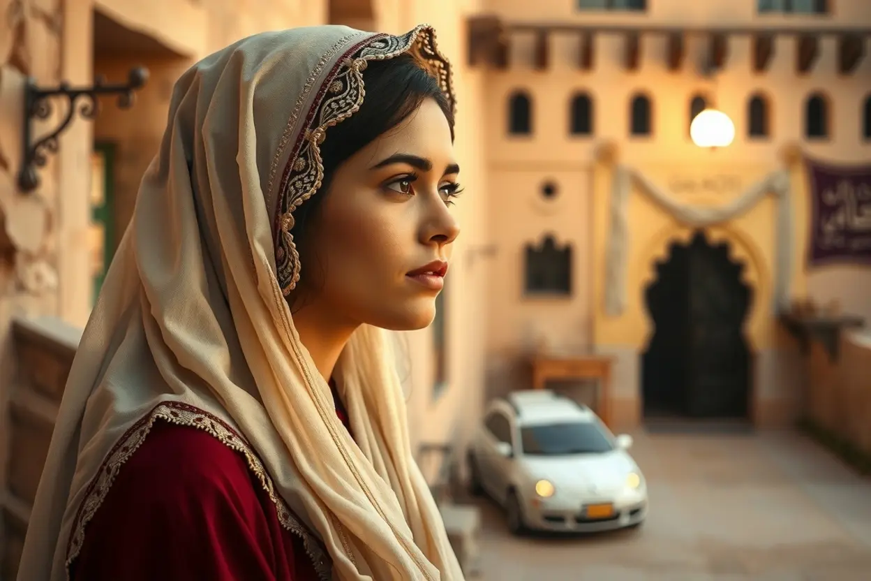 Jovem mulher em cenário bíblico