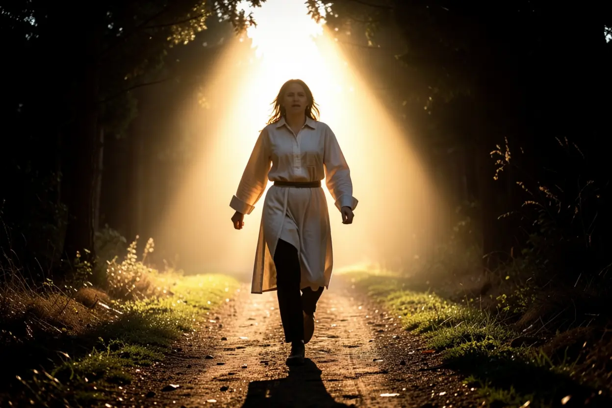 Pessoa caminhando em direção à luz.