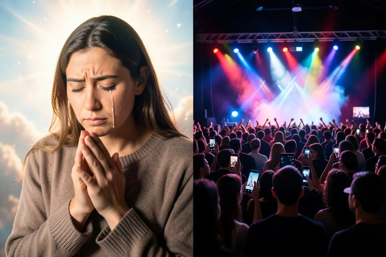 Comparação visual entre o foco na Palavra de Deus e a busca por entretenimento em cultos