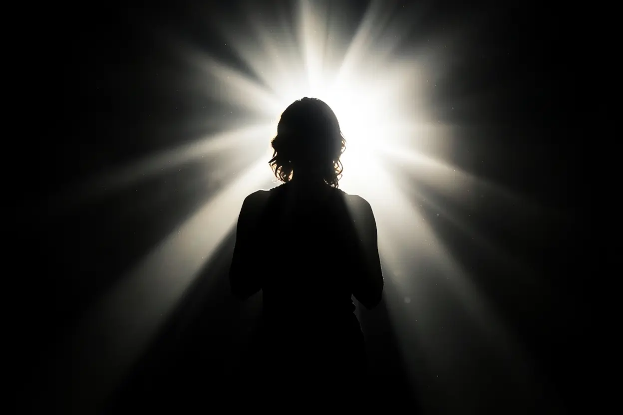 Luz divina rompendo trevas representando a importância do louvor na libertação.