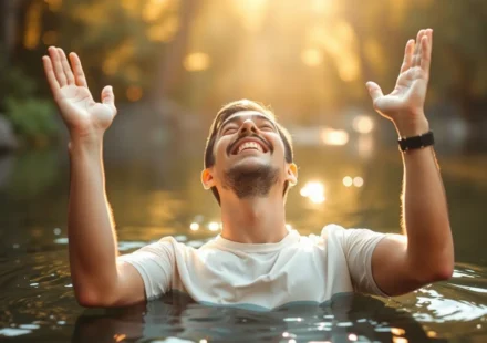 Pós-Batismo: E Agora? Viva a Vida Gloriosa em Cristo! Pessoa feliz na água após o batismo