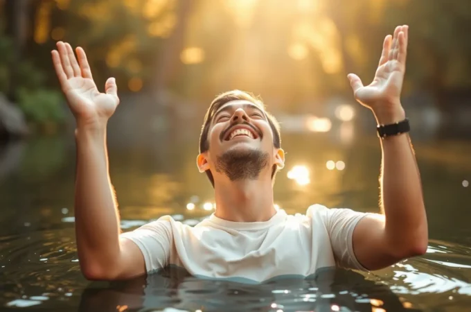 Pessoa feliz na água após o batismo