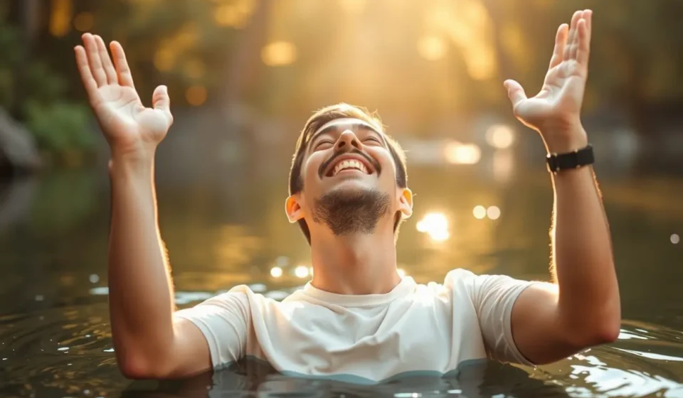 Pessoa feliz na água após o batismo