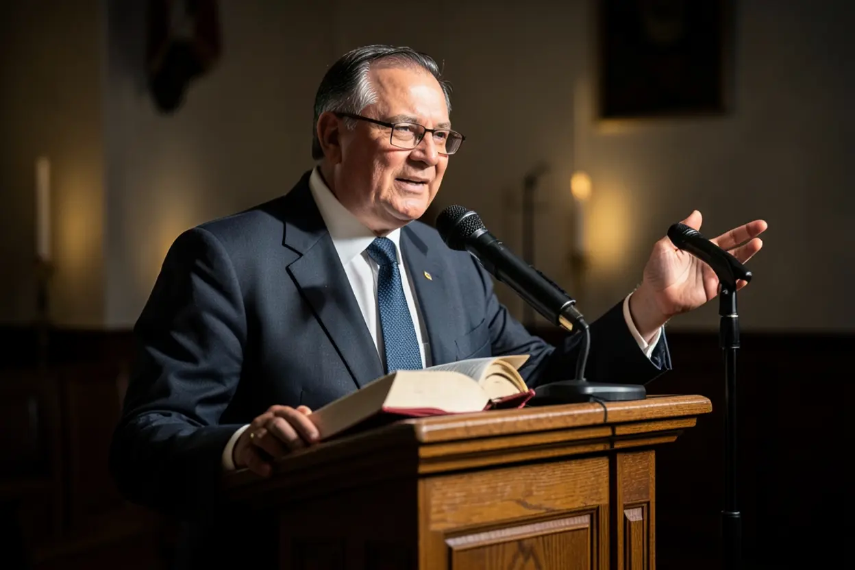 Púlpito pronto para ministração bíblica.