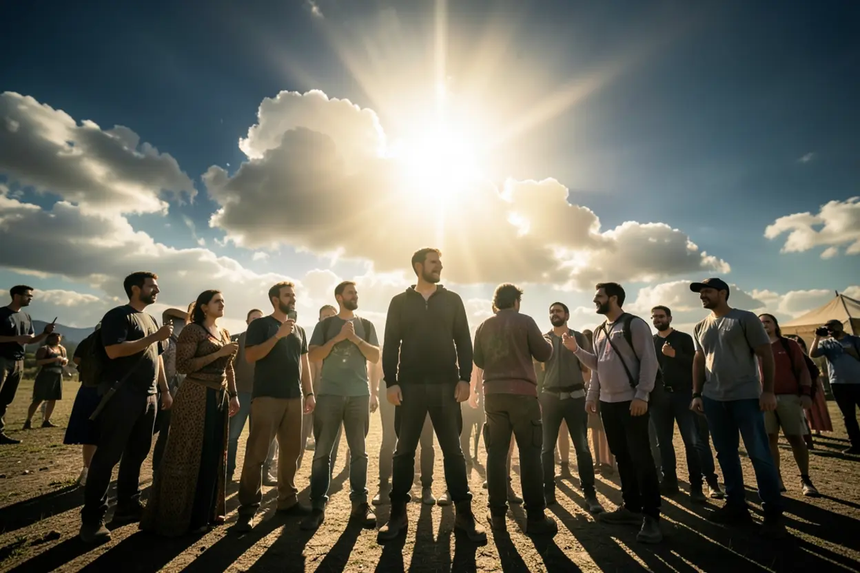 Luz divina sobre congregação representando ativação