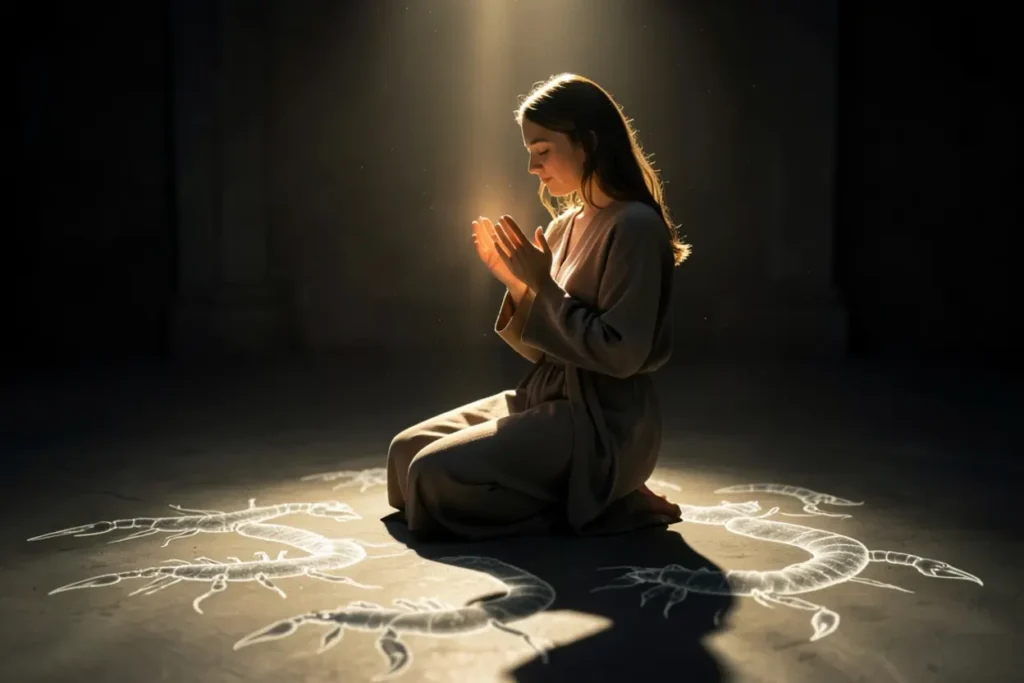 A autoridade delegada do crente Homem em oração, simbolizando autoridade sobre o mal.