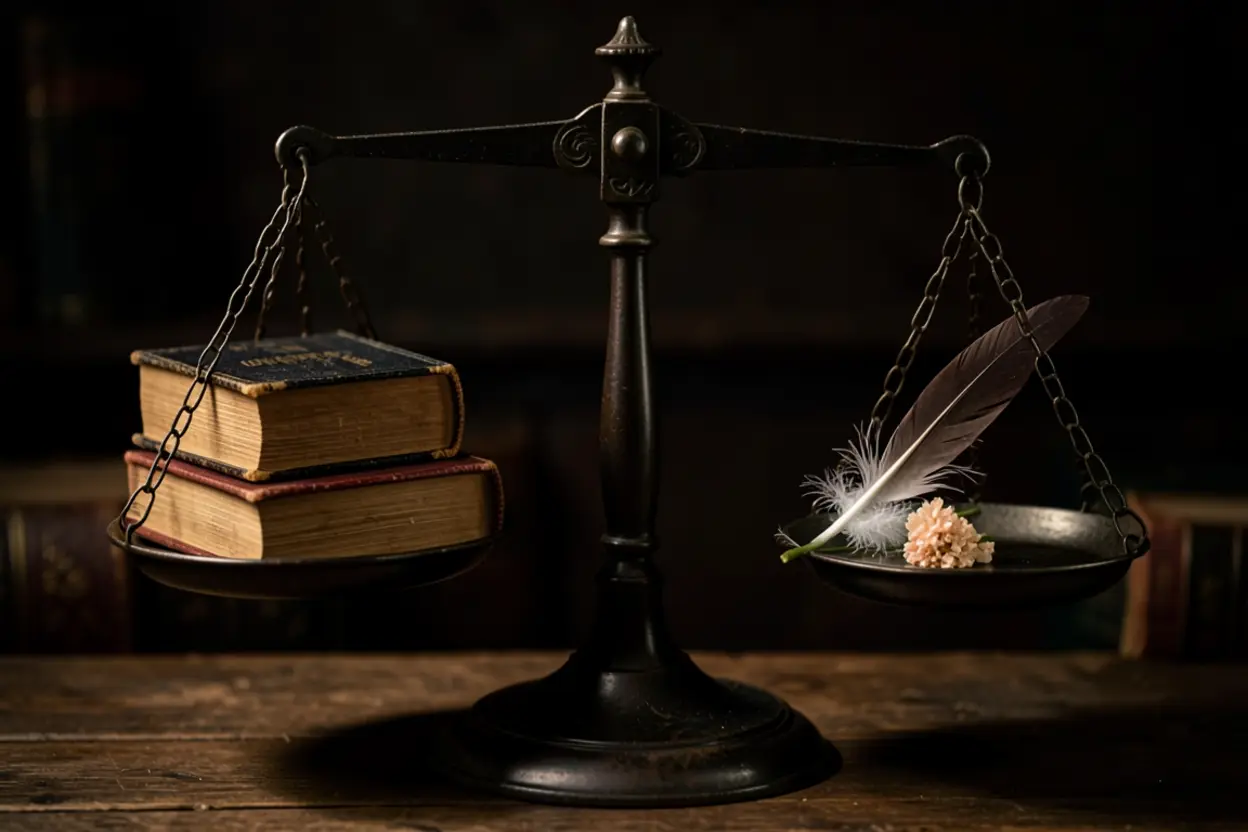 Uma balança equilibrando a doutrina bíblica e a motivação humana.