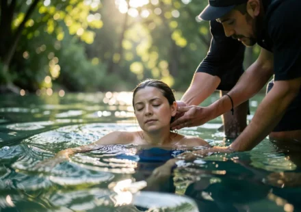 Pessoa sendo batizada, simbolizando a preparação para o batismo e nova vida.