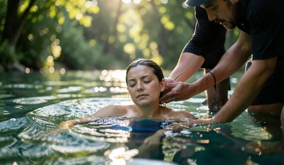 Batismo: Preparação Essencial para uma Vida Gloriosa em Cristo Pessoa sendo batizada, simbolizando a preparação para o batismo e nova vida.