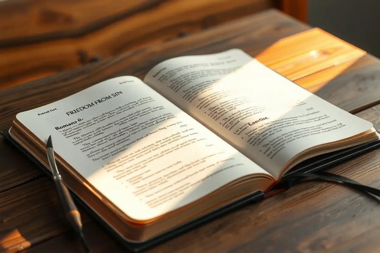 Bíblia aberta destacando versículos sobre a libertação do pecado.