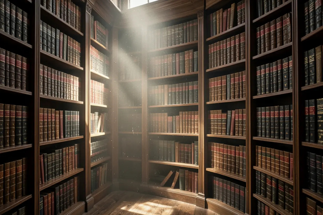 Prateleiras de uma biblioteca teológica clássica com livros antigos.