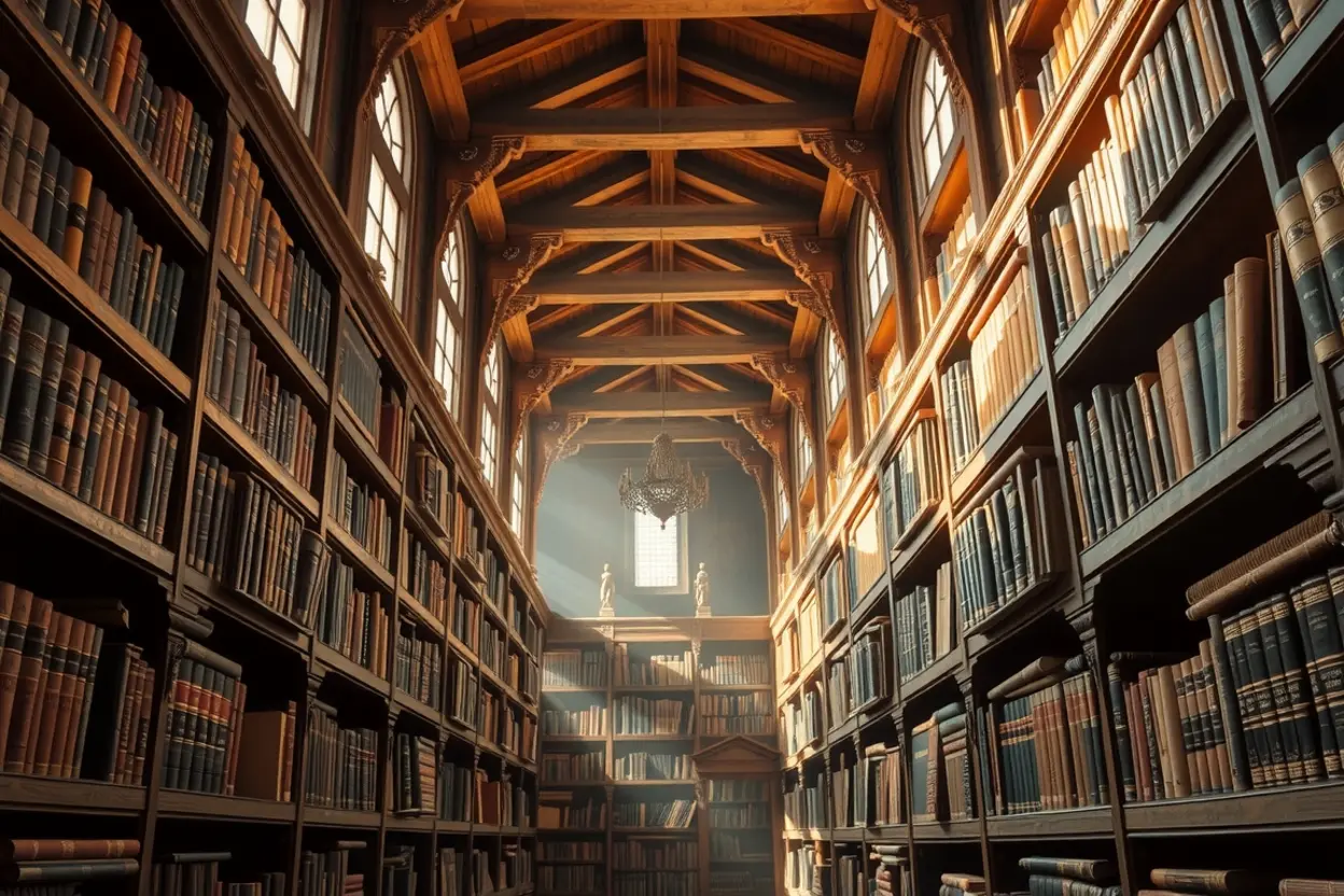 Prateleiras de uma biblioteca teológica clássica com livros antigos.