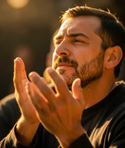 Andando no Poder: Pregação sobre a Vida no Espírito Homem adorando a Deus representando a pregação sobre a vida no Espírito.