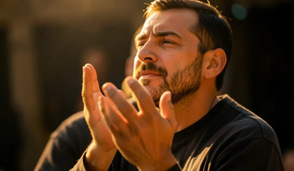 Homem adorando a Deus representando a pregação sobre a vida no Espírito.