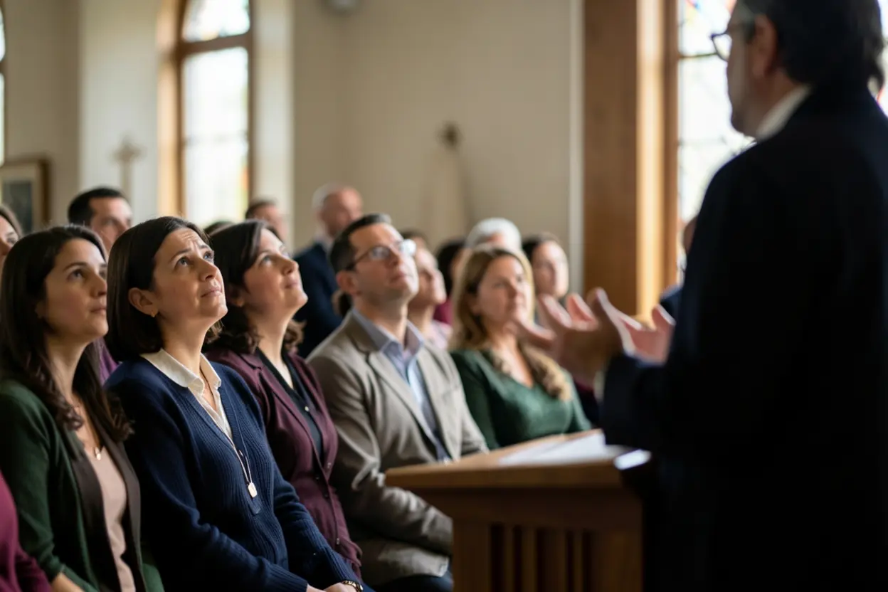 Congregação olhando para líder no púlpito, simbolizando a importância do caráter