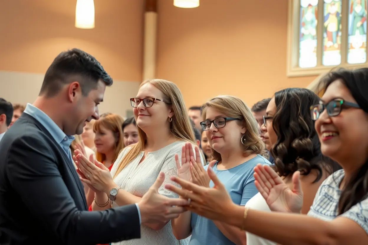 Grupo de pessoas orando e em comunhão na igreja, expressando amor cristão.