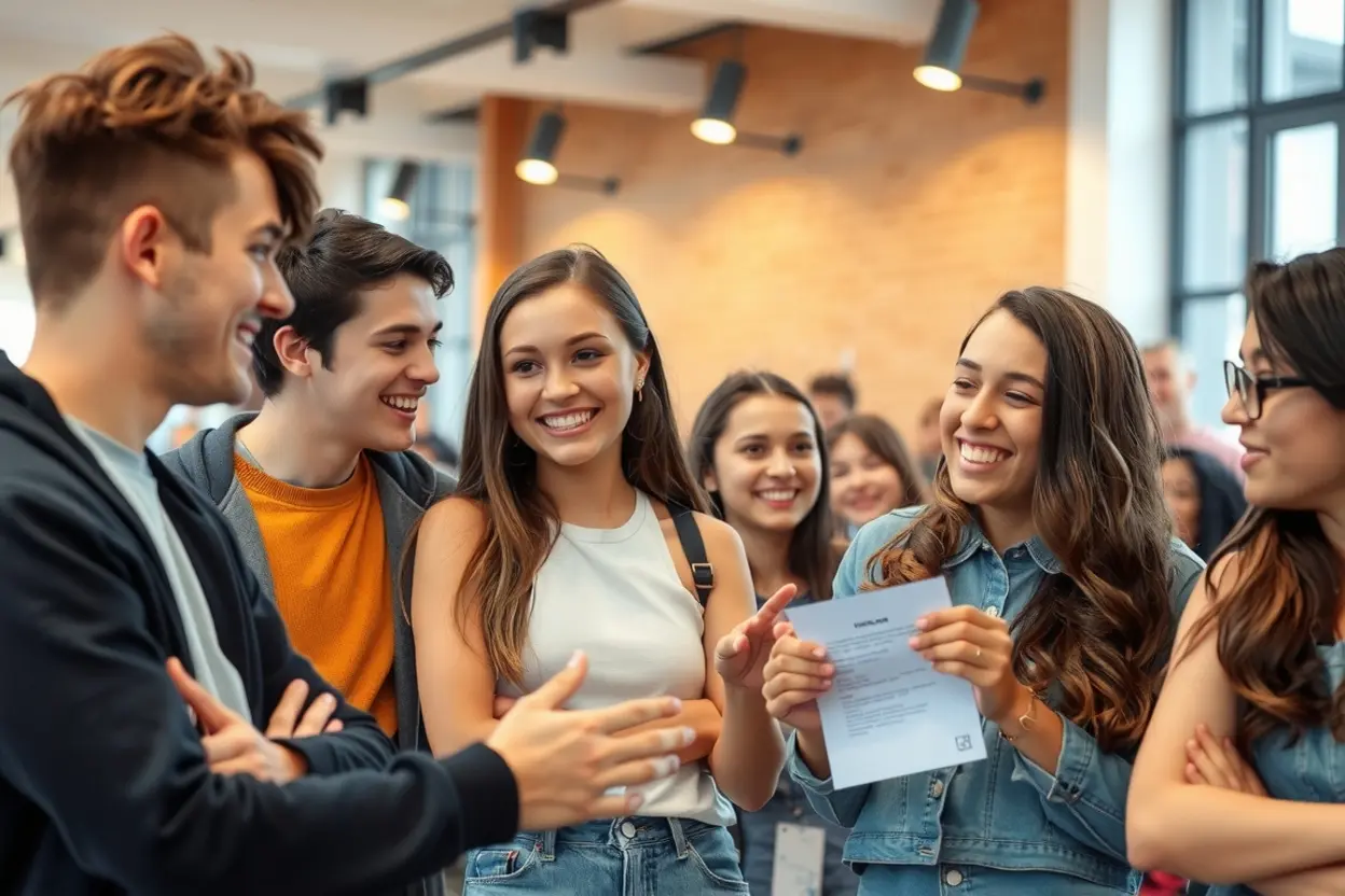 Grupo de jovens cristãos sorrindo e interagindo, simbolizando apoio e comunidade.