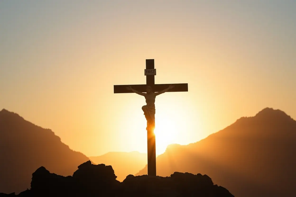 Cruz de madeira ao amanhecer, focando na centralidade de Cristo.