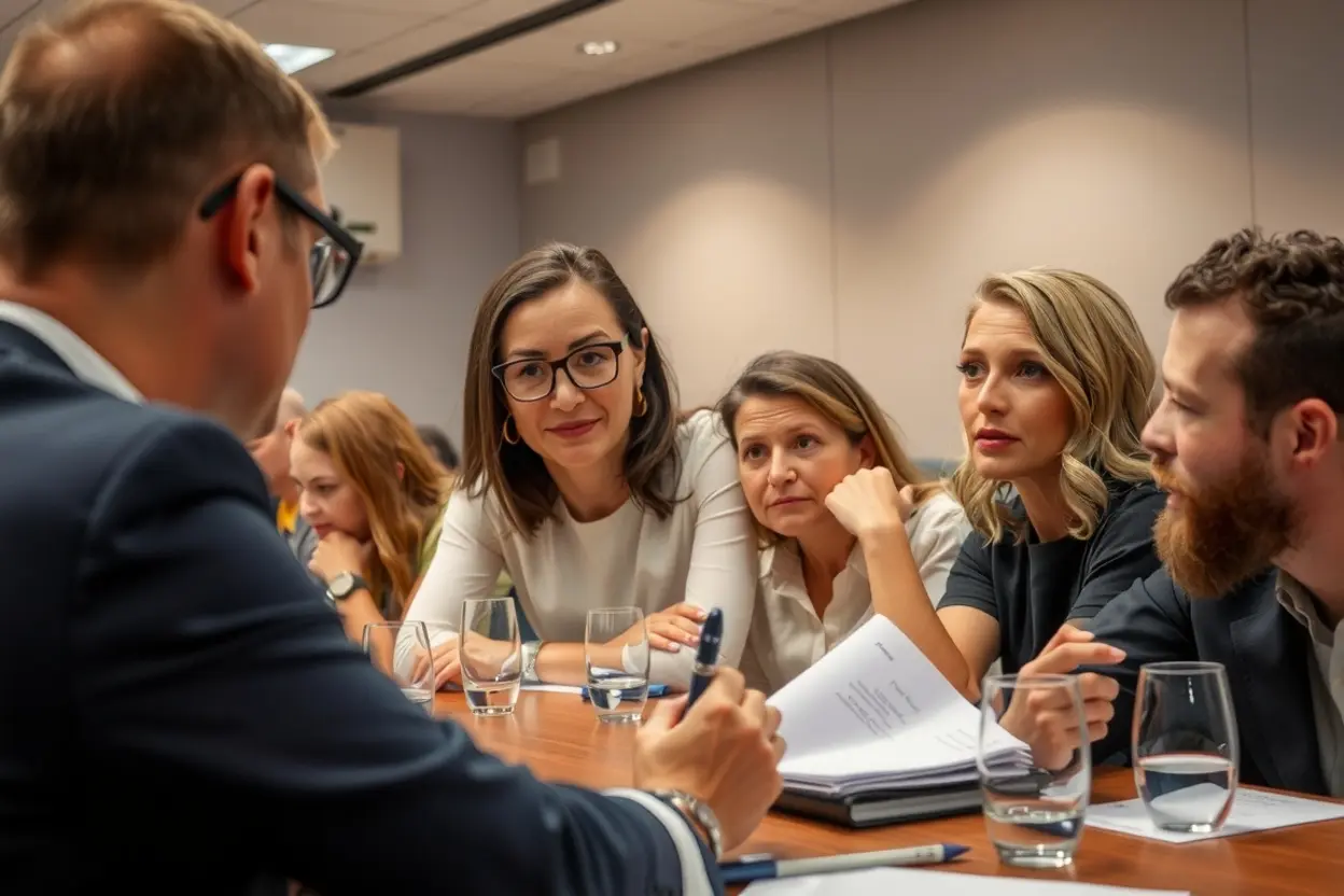 Grupo de pessoas com expressões de desentendimento, ilustrando partidarismo.