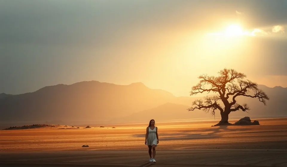 Consolo para o Povo de Deus: Estudo Bíblico de Isaías 40:1-11 Pessoa em vale árido com raio de luz divina
