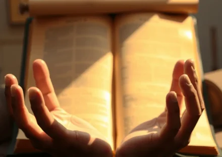 Homem orando com Bíblia aberta, simbolizando conversão e verdade bíblica.