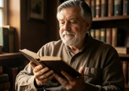 Homem sábio lendo a Bíblia aberta com luz suave.