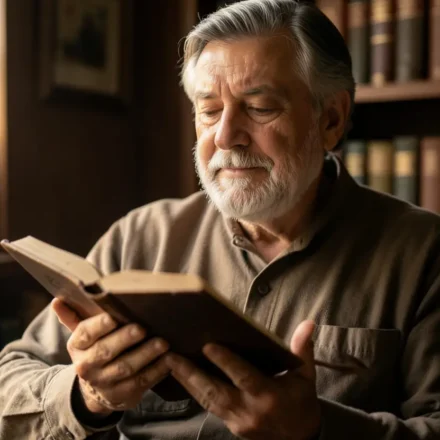 Homem sábio lendo a Bíblia aberta com luz suave.