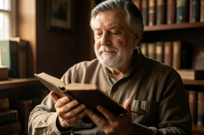 Homem sábio lendo a Bíblia aberta com luz suave.