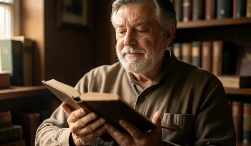 Coração Compreensivo em 1 Reis 3:9: A Sabedoria Divina para Governar Homem sábio lendo a Bíblia aberta com luz suave.