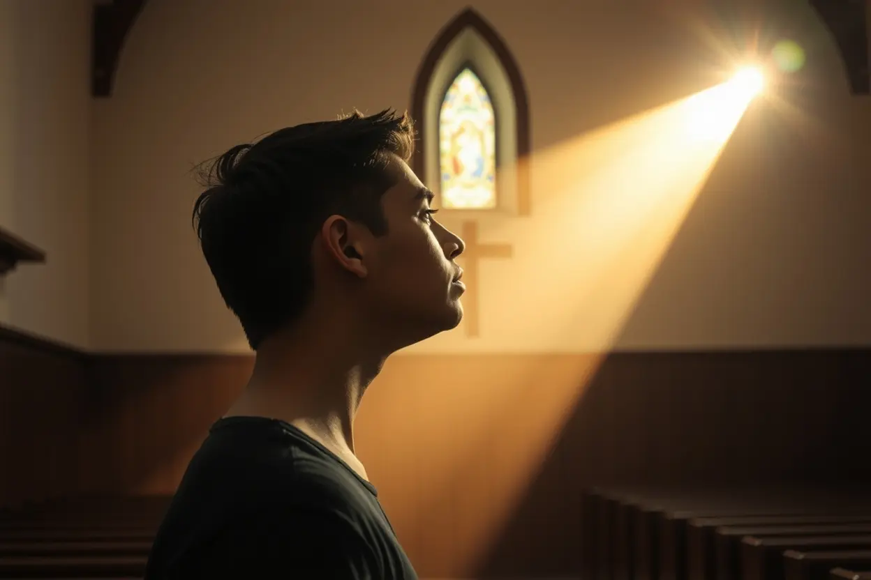 Cristão em oração profunda representando o sacrifício vivo de Romanos 12:1.