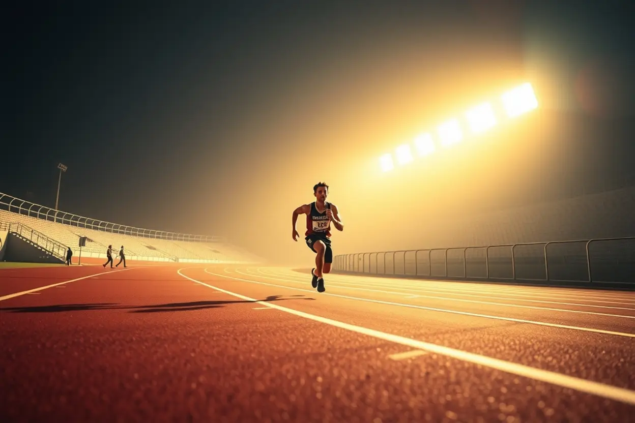 Atleta correndo em pista representando a perseverança bíblica.