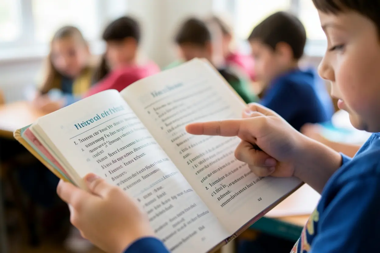 Mãos de criança segurando a Bíblia aberta, aprendendo sobre virtudes.