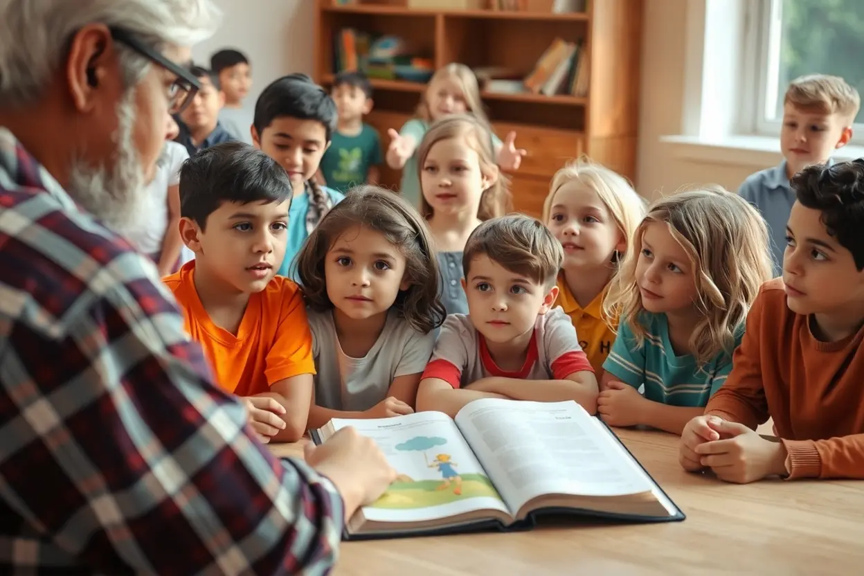 Crianças ouvindo atentamente histórias bíblicas sobre arrependimento.