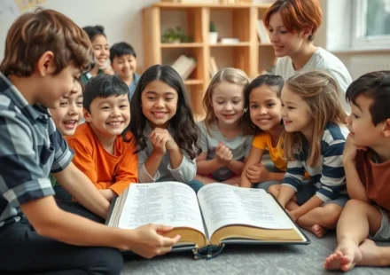 Crianças aprendendo sobre caráter cristão infantil com um professor.