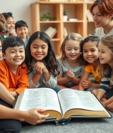 Crianças aprendendo sobre caráter cristão infantil com um professor.