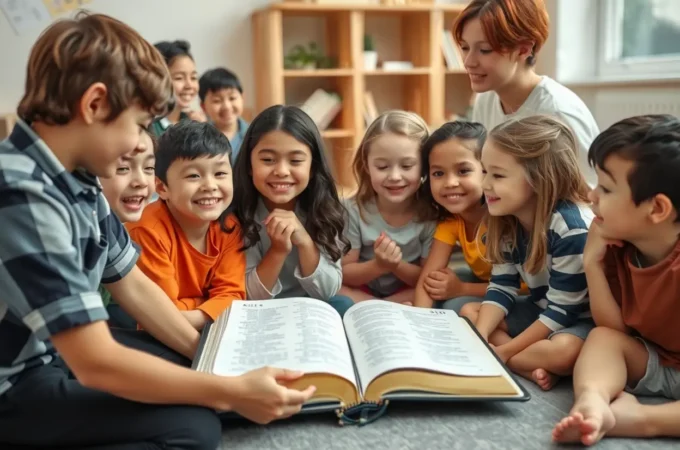 Crianças aprendendo sobre caráter cristão infantil com um professor.
