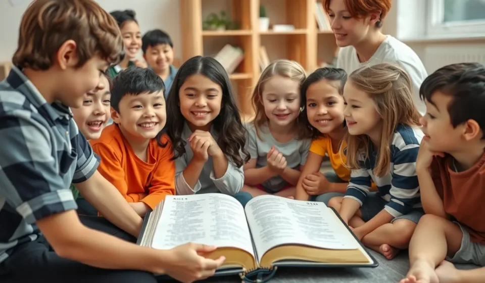 Crianças aprendendo sobre caráter cristão infantil com um professor.