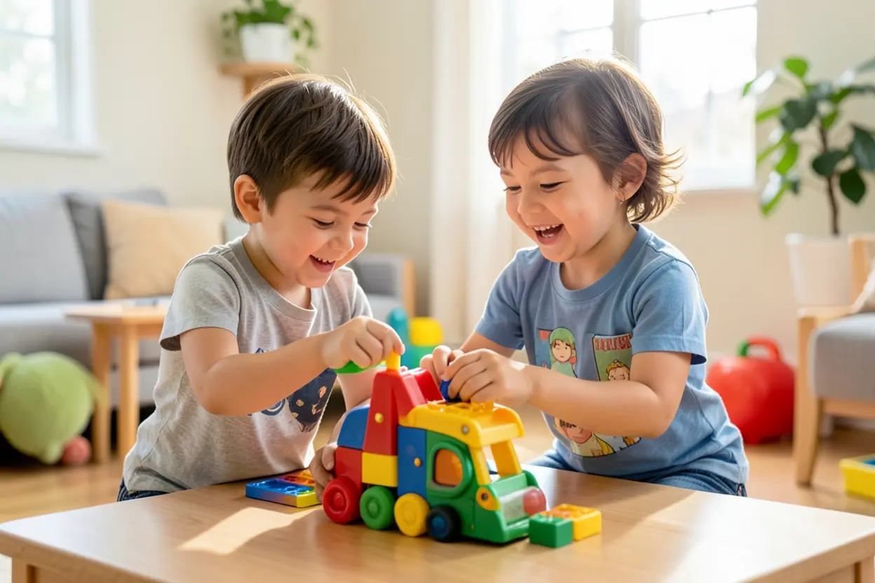 Duas crianças praticando bondade e compartilhando um brinquedo.