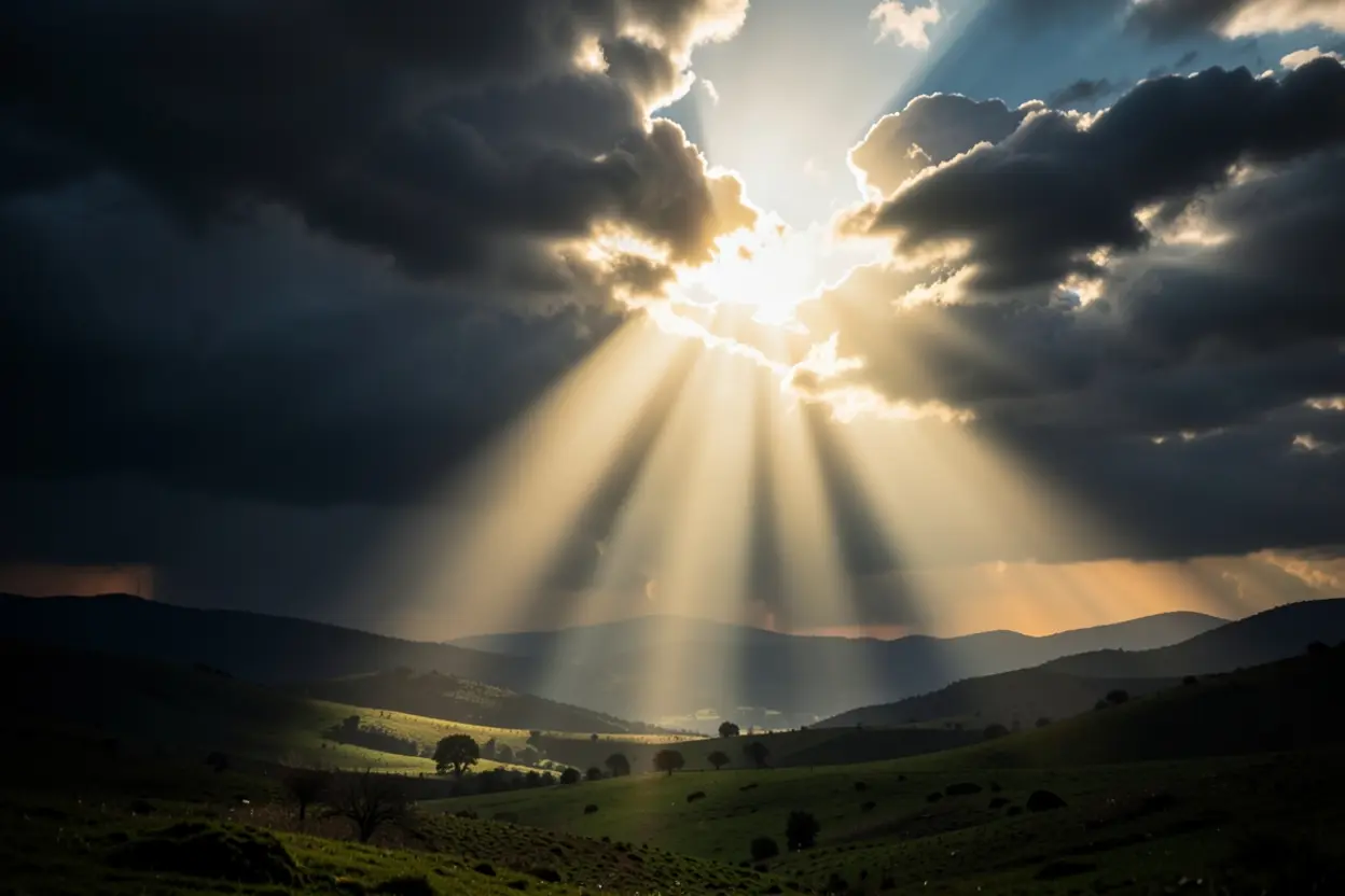 Luz divina rompendo nuvens representando Cristo no Salmo 42